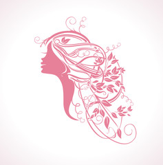 Obraz na płótnie Canvas Vector girl floral hair. Organic hair care vector template.