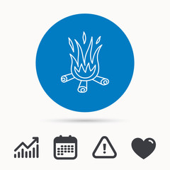 Bonfire icon. Fire sign. Calendar, attention sign and growth chart. Button with web icon. Vector