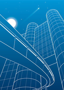 Business building, overpass, night city, airplane flying, vector design art