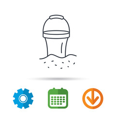 Bucket in sand icon. Trash bin sign. Child beach game symbol. Calendar, cogwheel and download arrow signs. Colored flat web icons. Vector