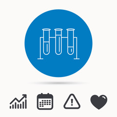 Laboratory bulbs icon. Chemistry analysis sign. Science or pharmaceutical symbol. Calendar, attention sign and growth chart. Button with web icon. Vector