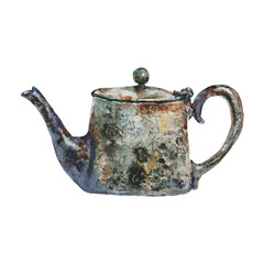 Hand drawn copper kettle with rust texture. Vintage illustration on white background. Watercolor isolated old teapot