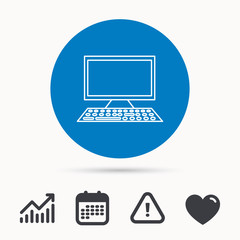 Computer PC icon. Widescreen display sign. Calendar, attention sign and growth chart. Button with web icon. Vector