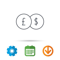 Currency exchange icon. Banking transfer sign. Pound to Dollar symbol. Calendar, cogwheel and download arrow signs. Colored flat web icons. Vector