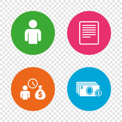Bank loans icons. Fill document and get money.