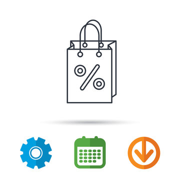 Shopping bag icon. Sale and discounts sign. Supermarket handbag symbol. Calendar, cogwheel and download arrow signs. Colored flat web icons. Vector