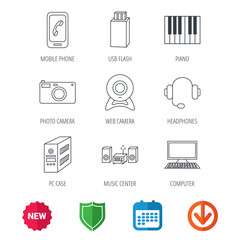 Photo camera, headphones and Usb flash icons. PC case, computer with monitor and web camera linear signs. Piano icons. New tag, shield and calendar web icons. Download arrow. Vector