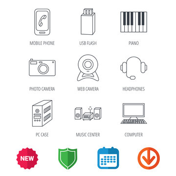 Photo camera, headphones and Usb flash icons. PC case, computer with monitor and web camera linear signs. Piano icons. New tag, shield and calendar web icons. Download arrow. Vector