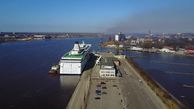 Aerial view of the huge cruise ferry docked in harbour in Riga, Latvia. April 10, 2016.