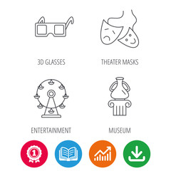 Museum, ferris wheel and theater masks icons. 3d glasses linear sign. Award medal, growth chart and opened book web icons. Download arrow. Vector