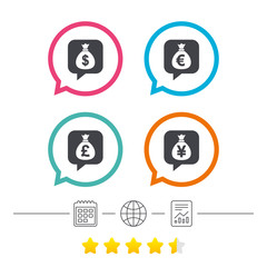 Money bag icons. Dollar, Euro, Pound and Yen.