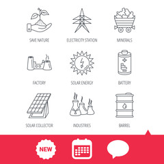 Fototapeta premium Solar collector energy, battery and oil barrel icons. Minerals, electricity station and factory linear signs. Industries, save nature icons. New tag, speech bubble and calendar web icons. Vector