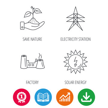 Electricity station, factory and solar energy icons. Save nature linear sign. Award medal, growth chart and opened book web icons. Download arrow. Vector