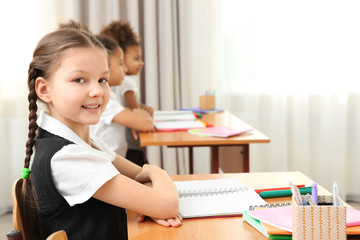 Beautiful elementary schoolgirl studying in classroom