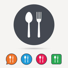 Food icons. Fork and spoon signs. Cutlery symbol. Circle, speech bubble and star buttons. Flat web icons. Vector