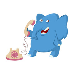Blue elephant speaks on the phone. Vector cartoon