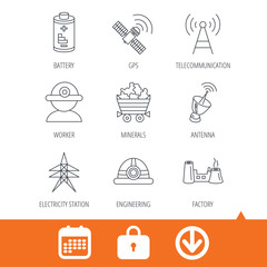 Worker, minerals and engineering helm icons. GPS satellite, electricity station and factory linear signs. Telecommunication, battery icons. Download arrow, locker and calendar web icons. Vector