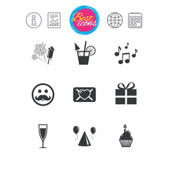 Party celebration, birthday icons. Music notes.