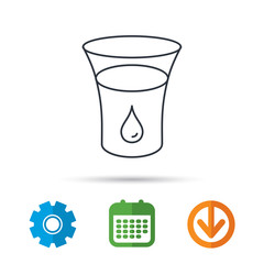 Glass of water icon. Drop sign. Calendar, cogwheel and download arrow signs. Colored flat web icons. Vector