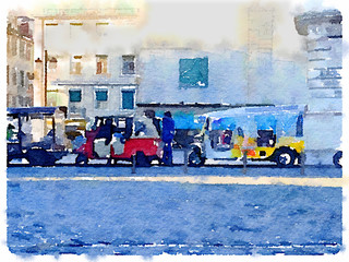 Digital watercolor painting of rickshaws in Lisbon, Portugal, queueing up at a taxi rank waiting...