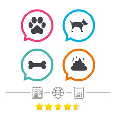 Pets icons. Dog paw and feces signs.