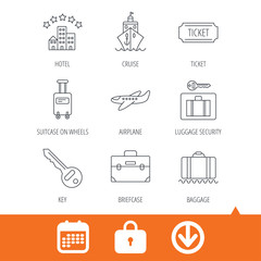 Hotel, cruise ship and airplane icons. Key, baggage and briefcase linear signs. Luggage security and ticket flat line icons. Download arrow, locker and calendar web icons. Vector