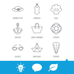 Paper boat, shell and swimsuit icons. Lifebuoy, glases and women hat linear signs. Anchor, ladies handbag icons. Light bulb, speech bubble and leaf web icons. Vector