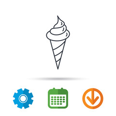 Ice cream icon. Sweet dessert in waffle cone sign. Frozen food symbol. Calendar, cogwheel and download arrow signs. Colored flat web icons. Vector