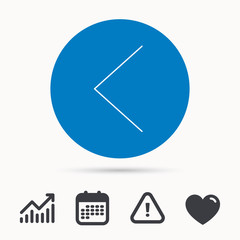 Left arrow icon. Previous sign. Back direction symbol. Calendar, attention sign and growth chart. Button with web icon. Vector