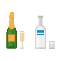 Alcohol champagne drinks beverages cocktail drink bottle lager refreshment container and menu drunk concep different bottle and glasses vector illustration.