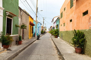 A colorful street in the Getsemani neighborhood of Cartagena, Colombia.