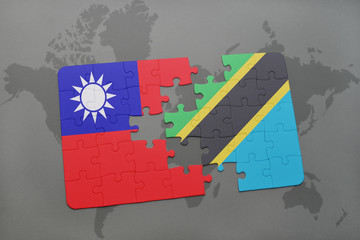 puzzle with the national flag of taiwan and tanzania on a world map