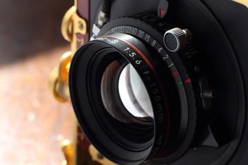 Details of view camera lens and shutter
