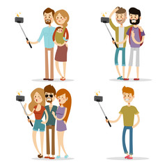 Selfie people isolated vector illustration character photo lifestyle set hipster smart flat camera smartphone person picture