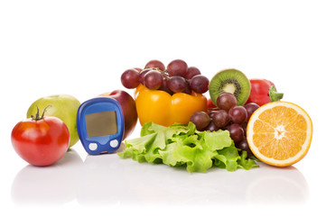glucometer for glucose level and healthy organic food