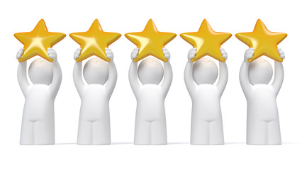 five 3D men holding stars on white background, rating concept