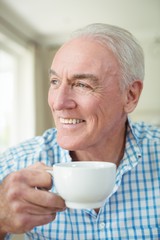 Smiling senior man having cup of coffee in living room