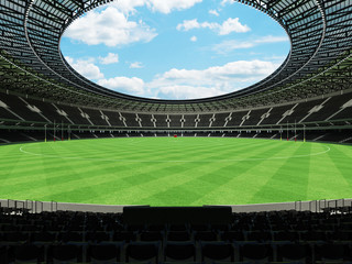 3D render of a round Australian rules football stadium with  black seats and VIP boxes