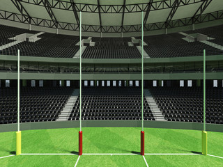 3D render of a round Australian rules football stadium with  black seats and VIP boxes