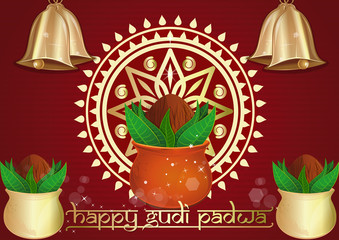 Happy Gudi Padwa. Festive red background with golden Kalash, golden Rongali and golden bells for Gudi Padwa and Ugadi. Vector illustration