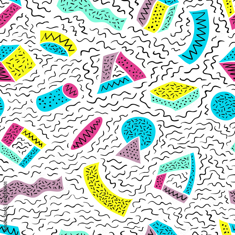 Poster Retro looks seamless vector pattern with hand drawn doodles on colorful geometric shapes. Abstract texture background.