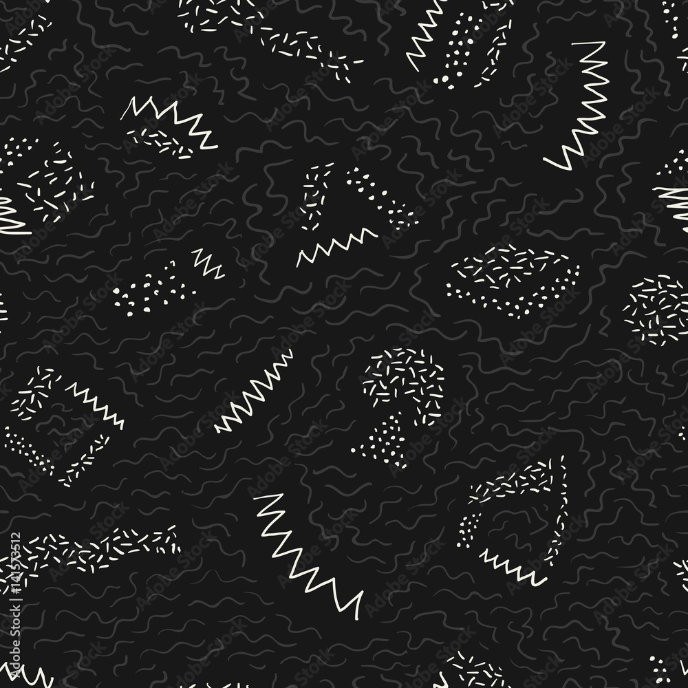 Poster monochrome seamless vector pattern with hand drawn doodles geometric on black background. retro look
