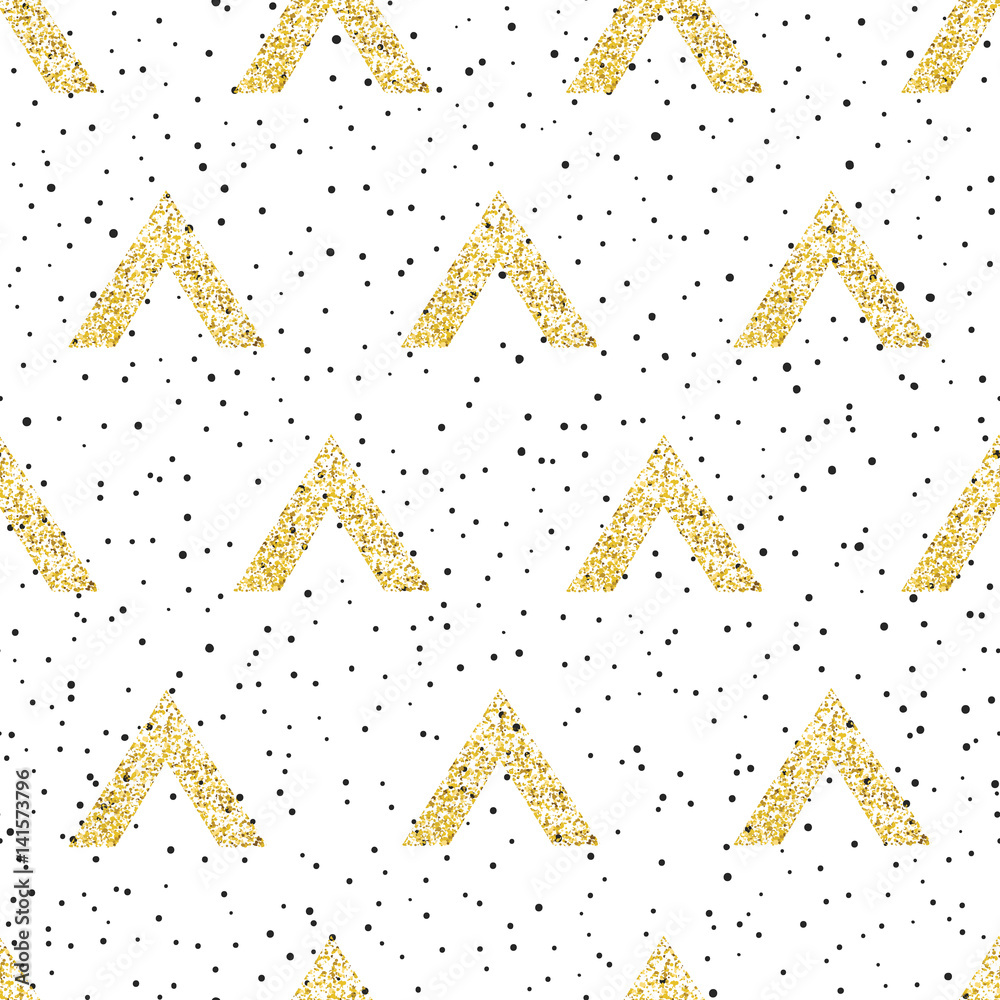 Poster gold geometric triangle with dots background.