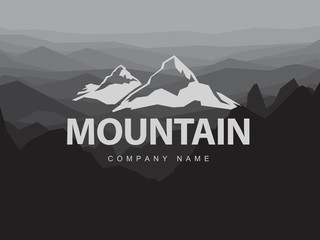 Mountains logo template with abstract peaks background. Logotype on mountain monochrome abstract background. Mountaineering and Traveling illustration. - 141573721