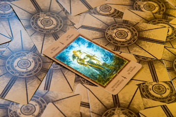 Fototapeta na wymiar Tarot card Jack of Spades. Labirinth tarot deck. Esoteric background.