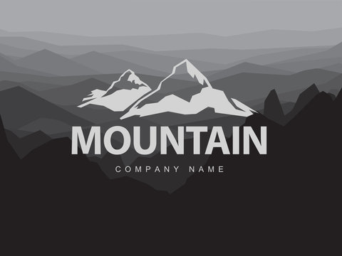 Mountains logo template with abstract peaks background. Logotype on mountain monochrome abstract background. Mountaineering and Traveling illustration.
