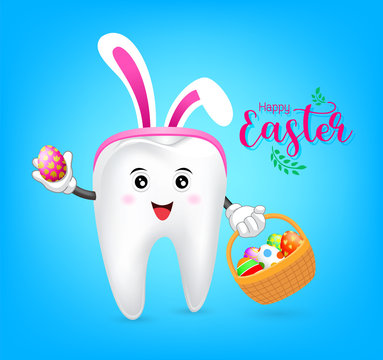Bunny tooth character with basket of Easter eggs. Dental Easter, illustration on blue background.