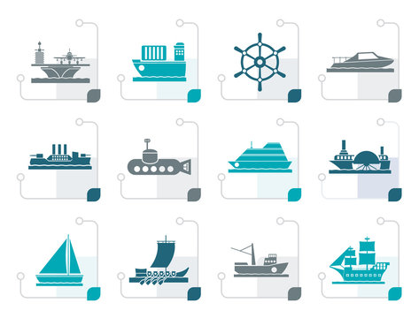 Stylized different types of boat and ship icons - Vector icon set