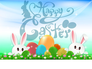 Easter greeting card with colorful eggs and bunny ears on blue background