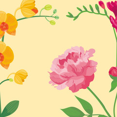 Cartoon petal vintage floral background vector bouquet garden flower botanical natural peonies illustration and summer floral greeting card spring blossom.